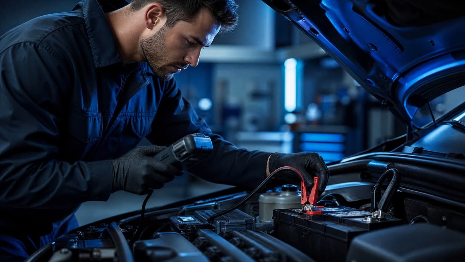 A mechanic using a battery tester on a car battery