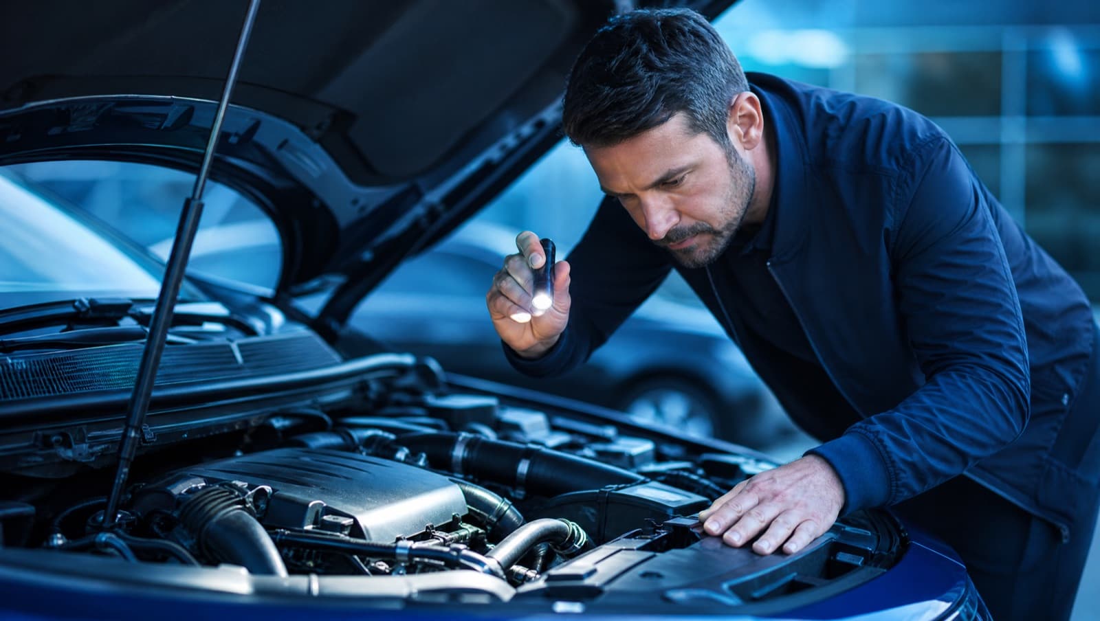 A buyer examining a used car's engine bay with a flashlight