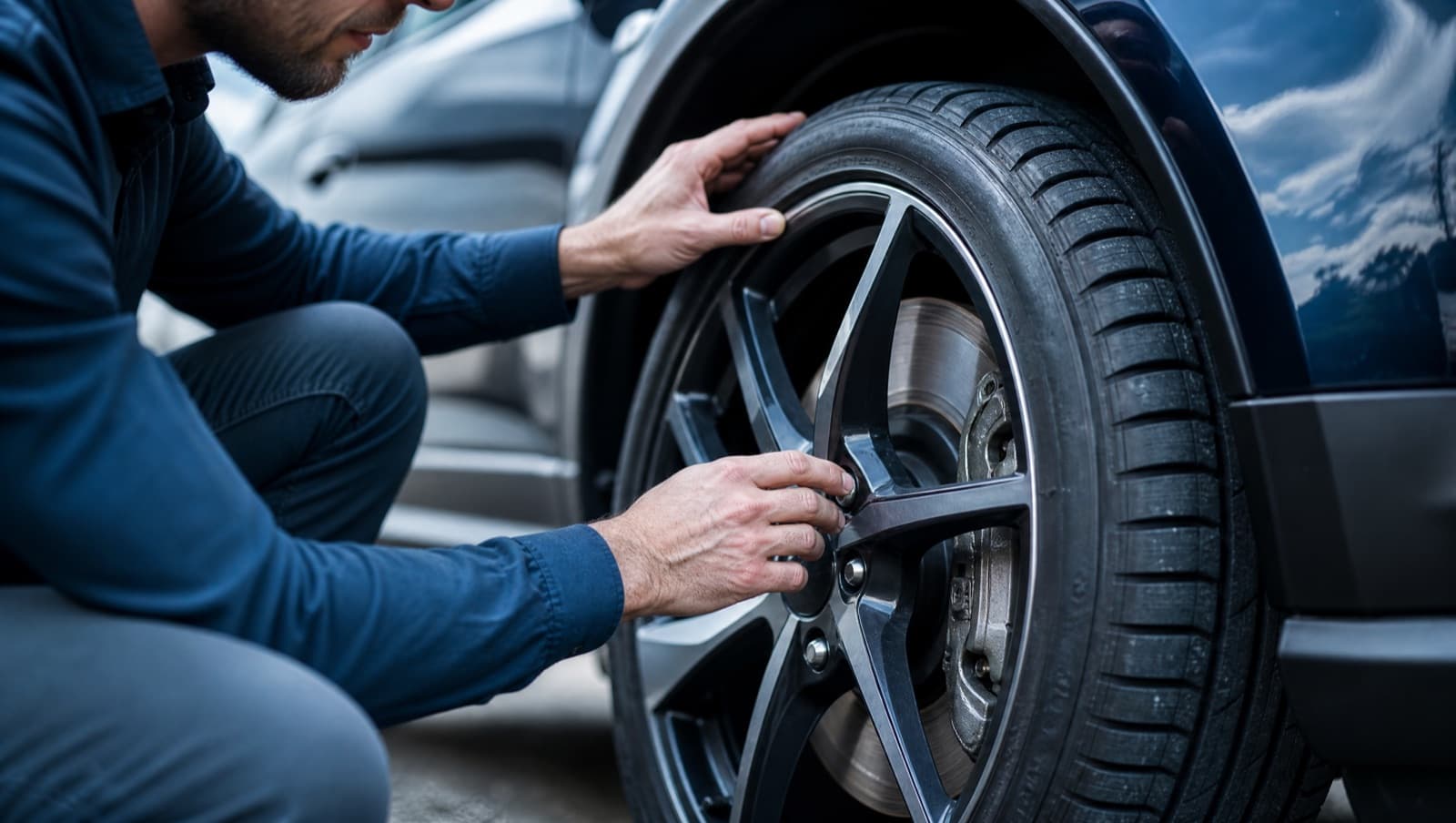 A person inspecting a used car's tyre tread and brake disc