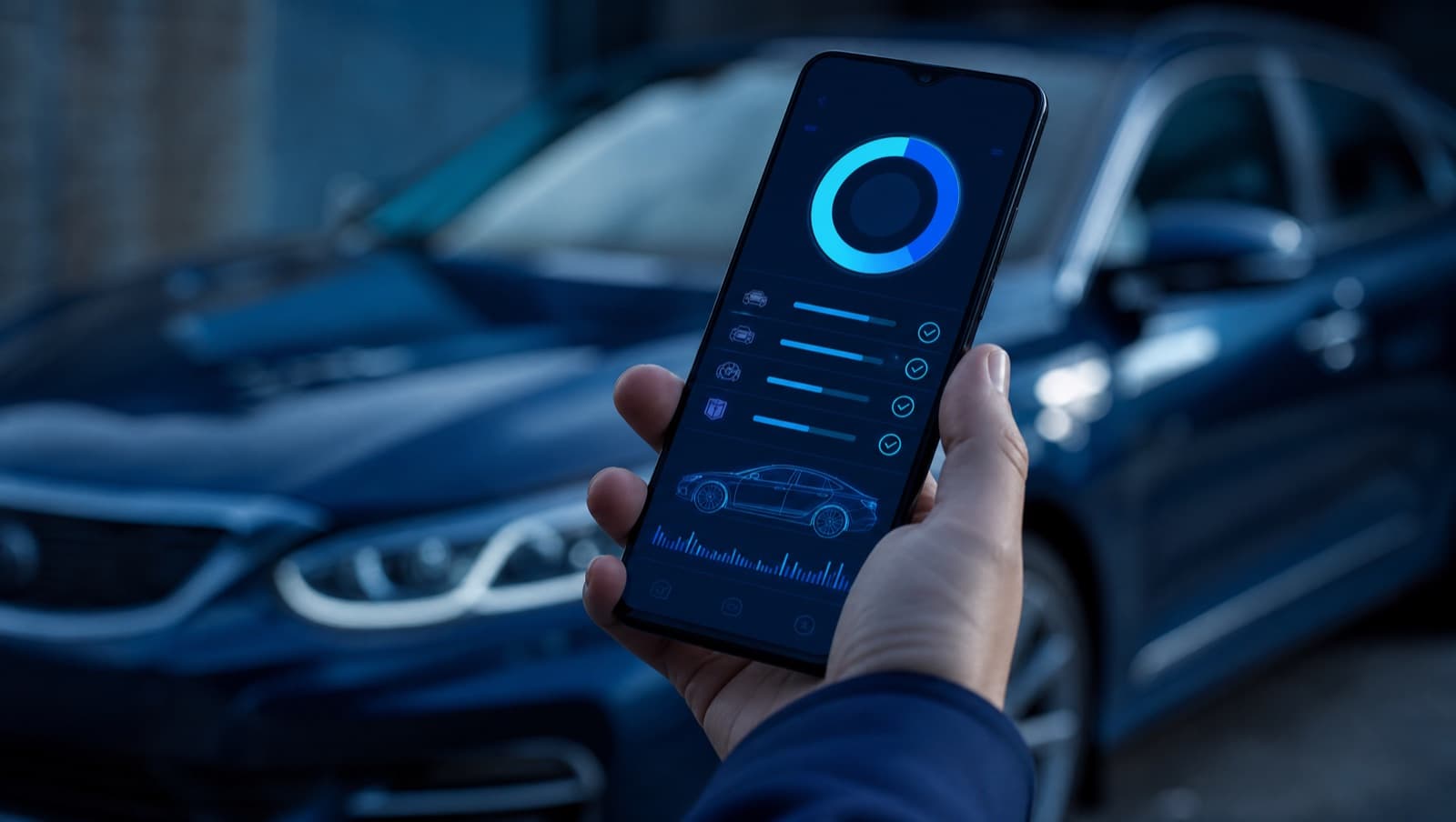 A phone showing a used-car inspection score in front of a car