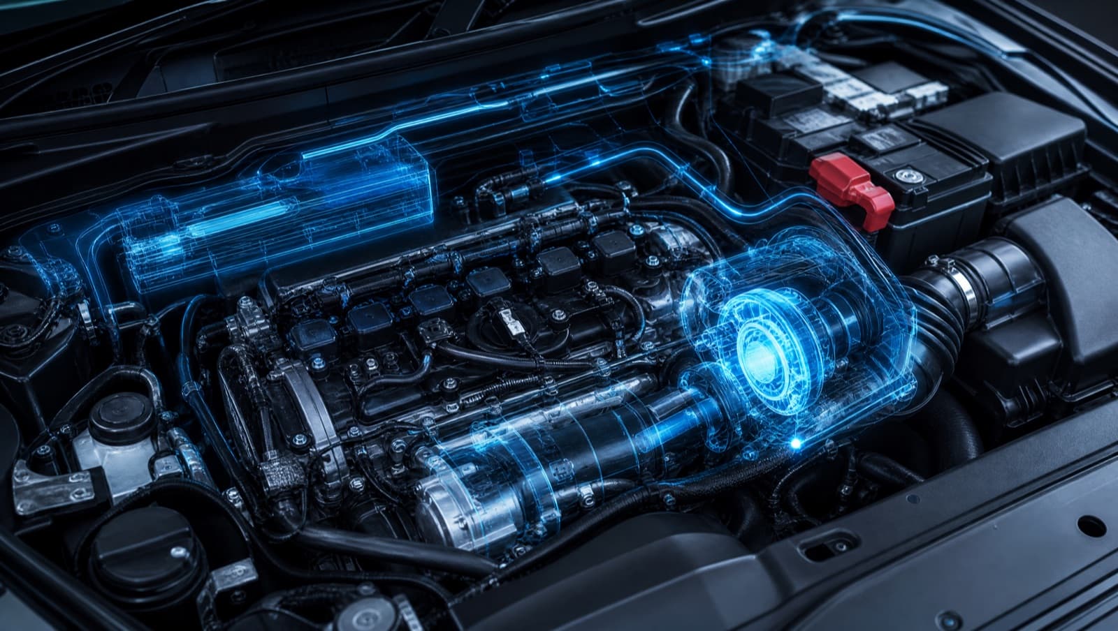 Engine bay with a blue diagnostic overlay highlighting components