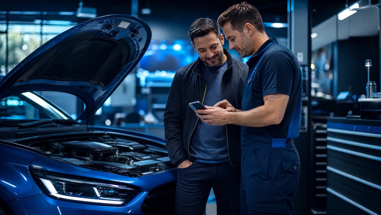 A car owner and a mechanic looking at a phone together