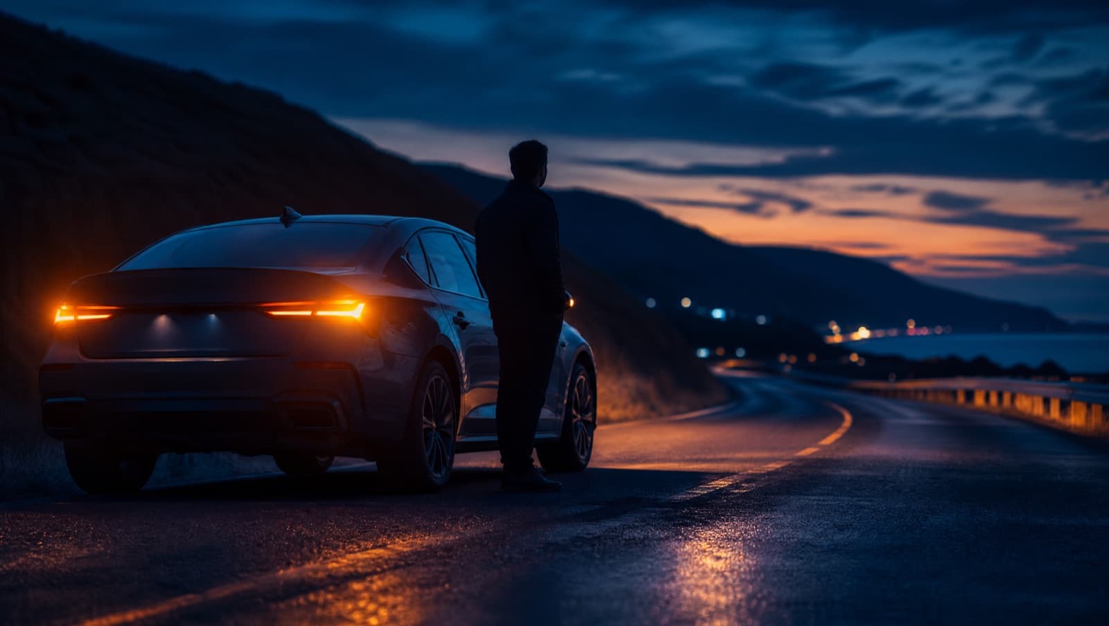 A car pulled over on the roadside with hazard lights on