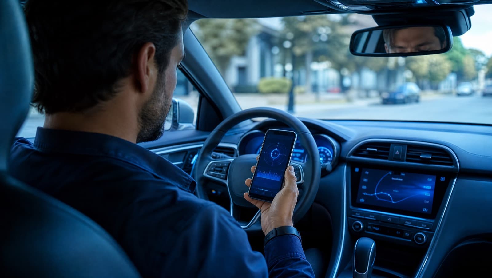 A driver looking at a phone diagnostic result inside a car