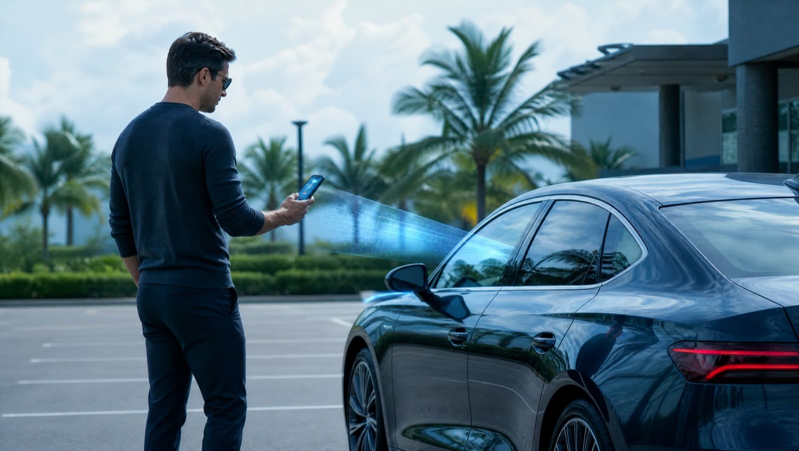 A person scanning their car with a smartphone in an outdoor parking area