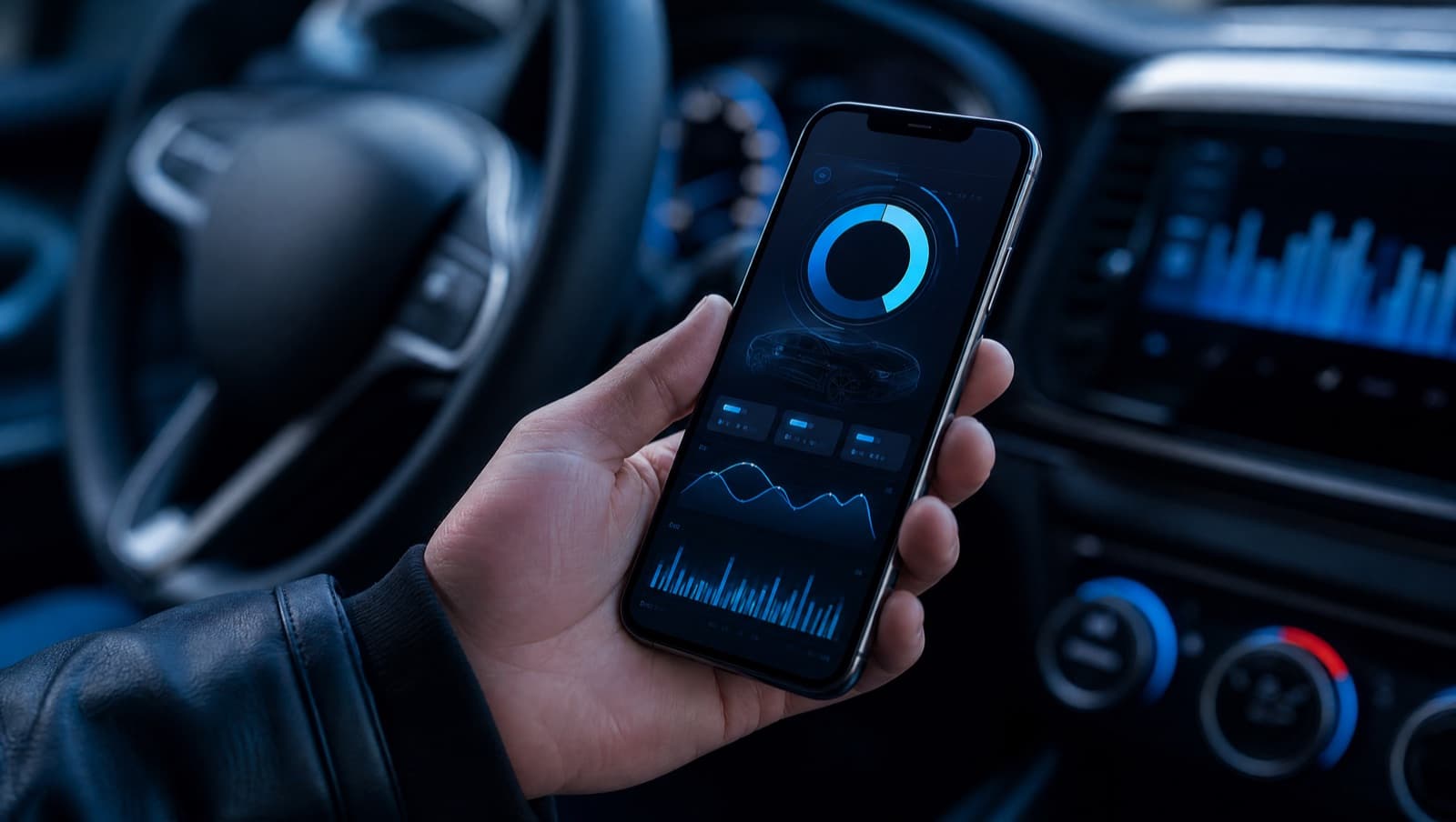 A phone showing an abstract car-health dashboard