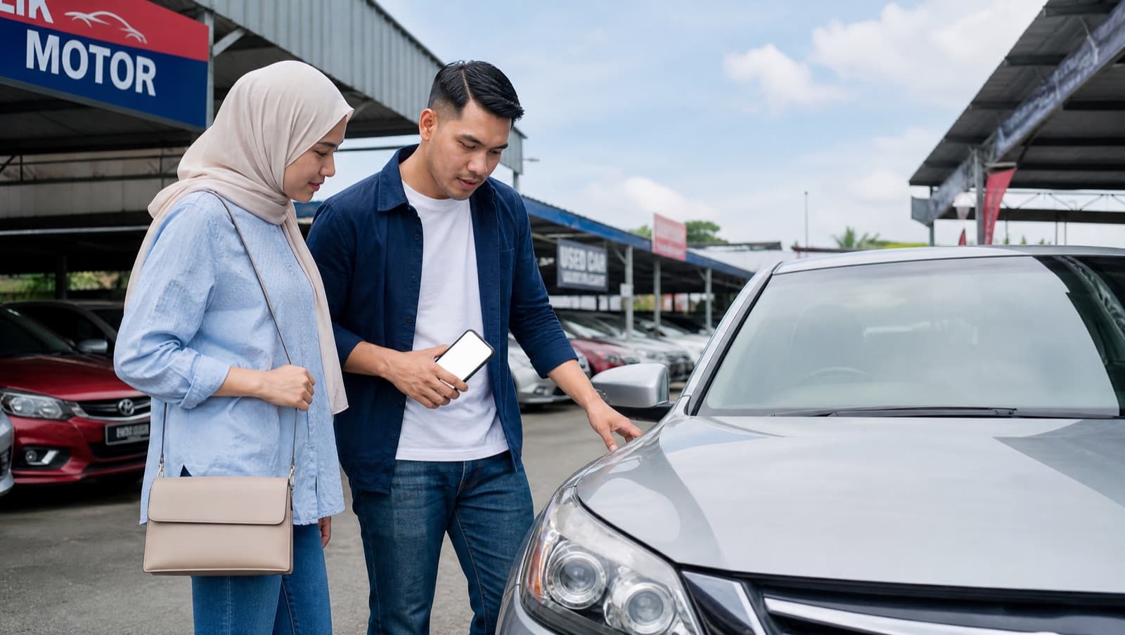 A buyer inspecting a used car at a Malaysian dealership before purchase
