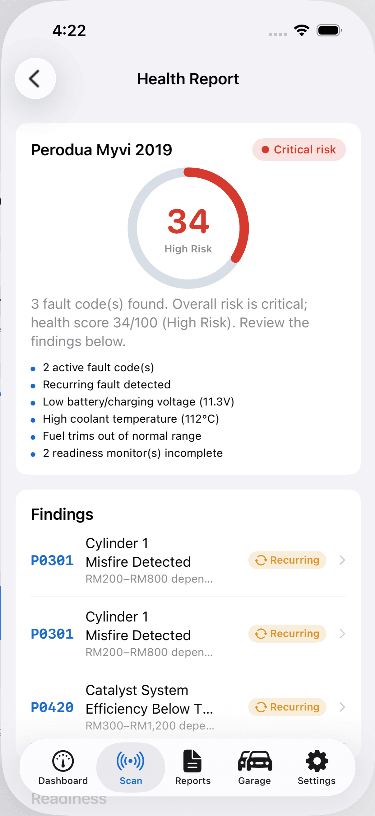 AutoMalaya OBD — Diagnostic health report with findings