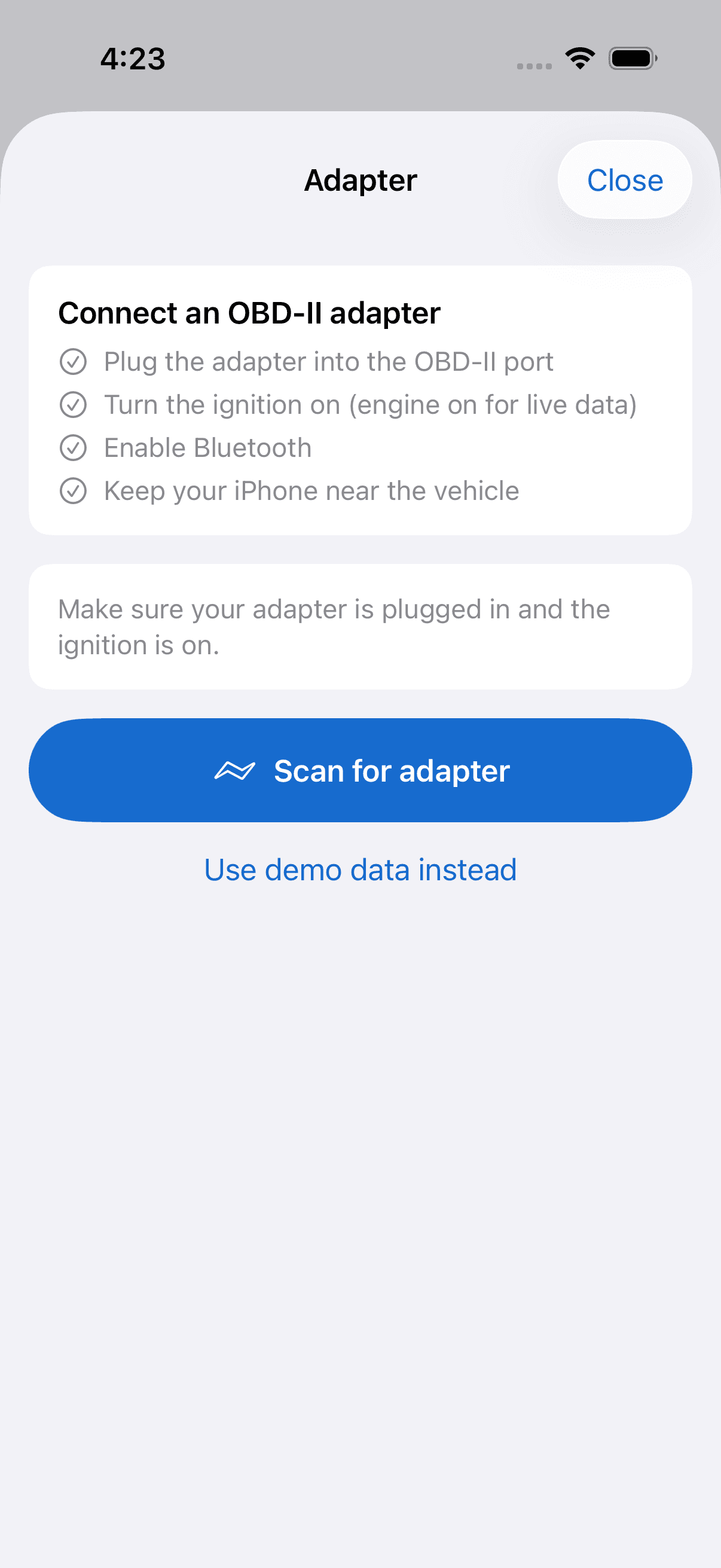 Connect OBD-II adapter screen in AutoMalaya OBD