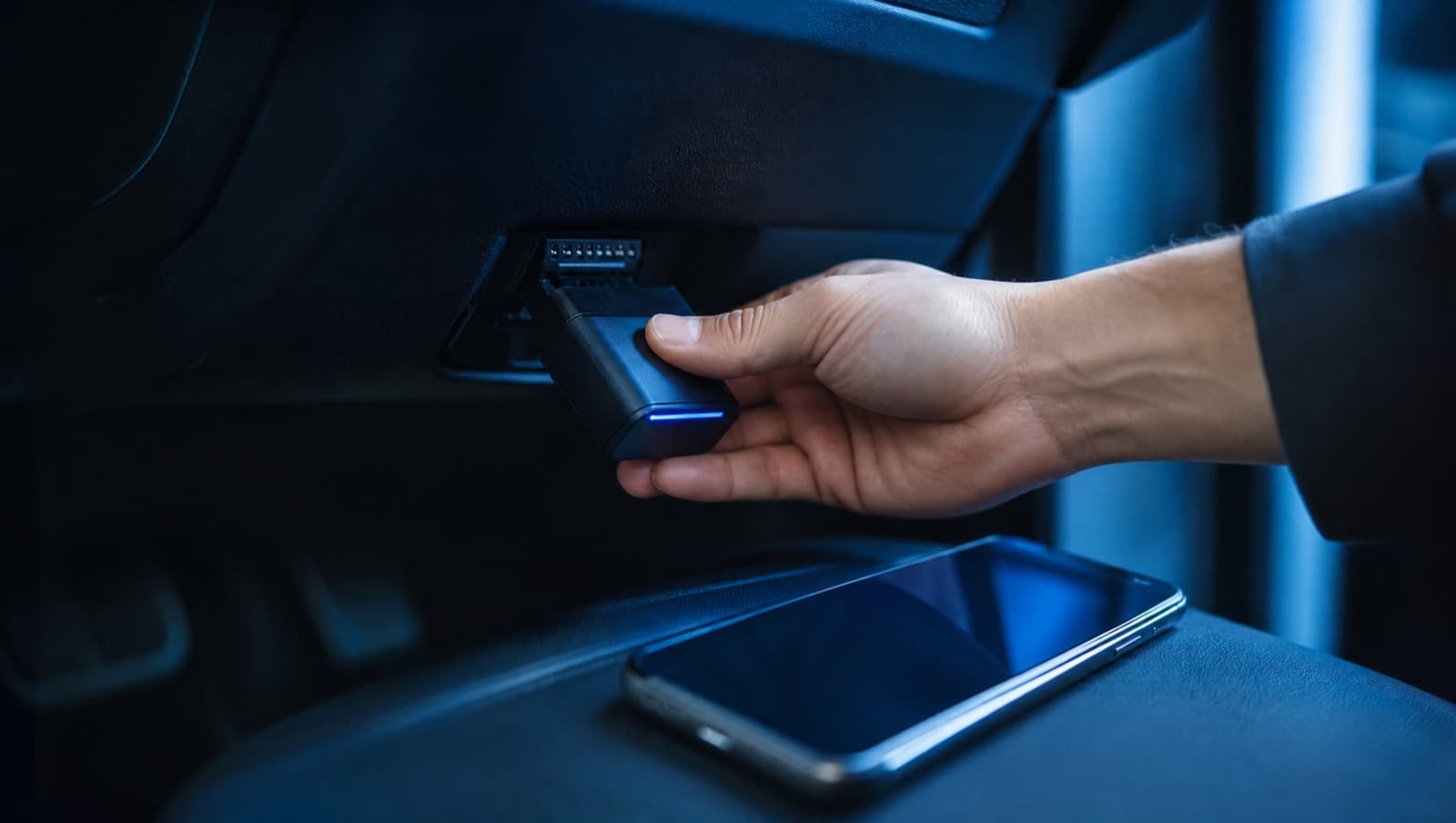 A hand plugging an OBD-II adapter into a car port with an iPhone nearby