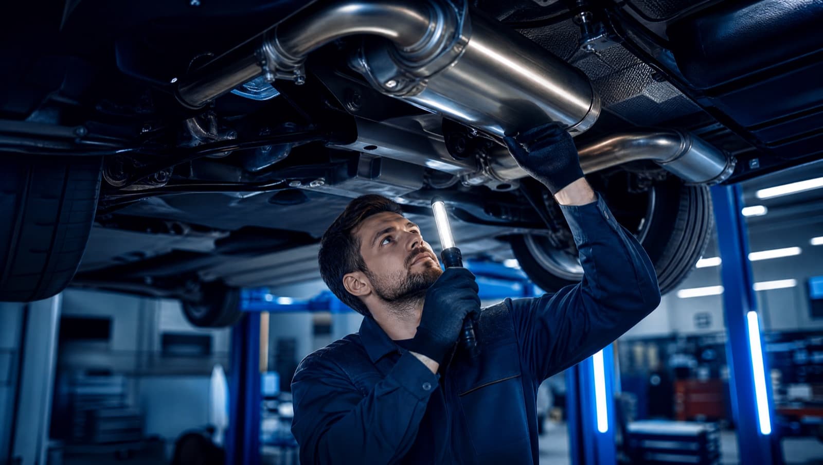 A mechanic inspecting a car exhaust system from underneath