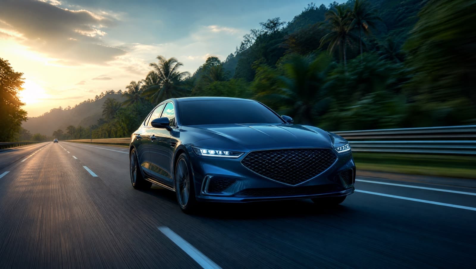 A car driving on a Malaysian highway at golden hour