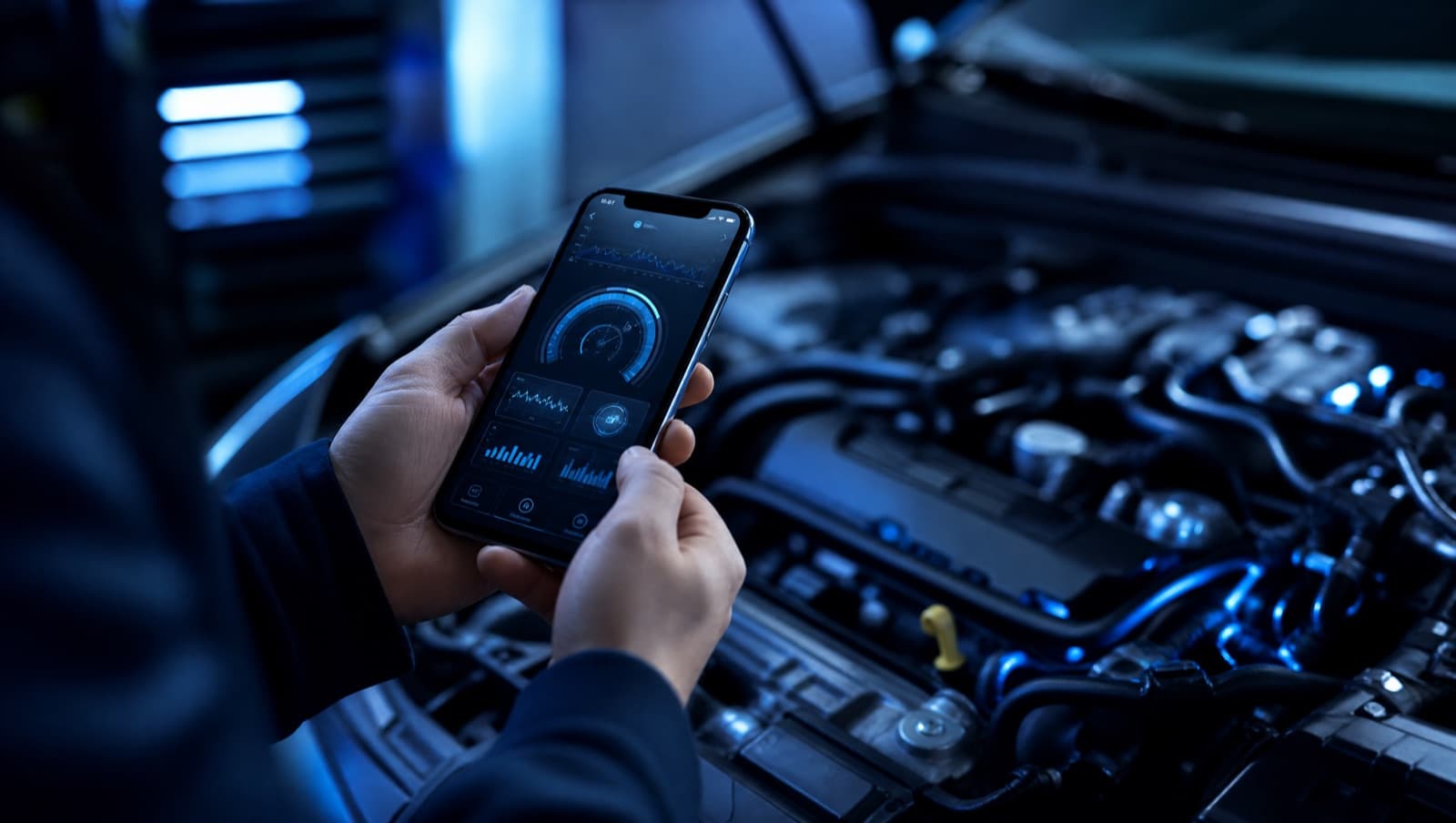 A phone showing a car diagnostic report next to an engine bay