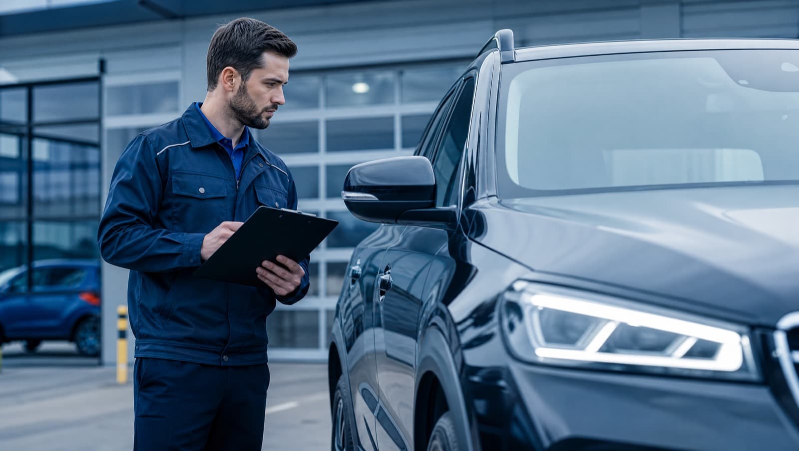 An inspector with a clipboard examining a car's exterior