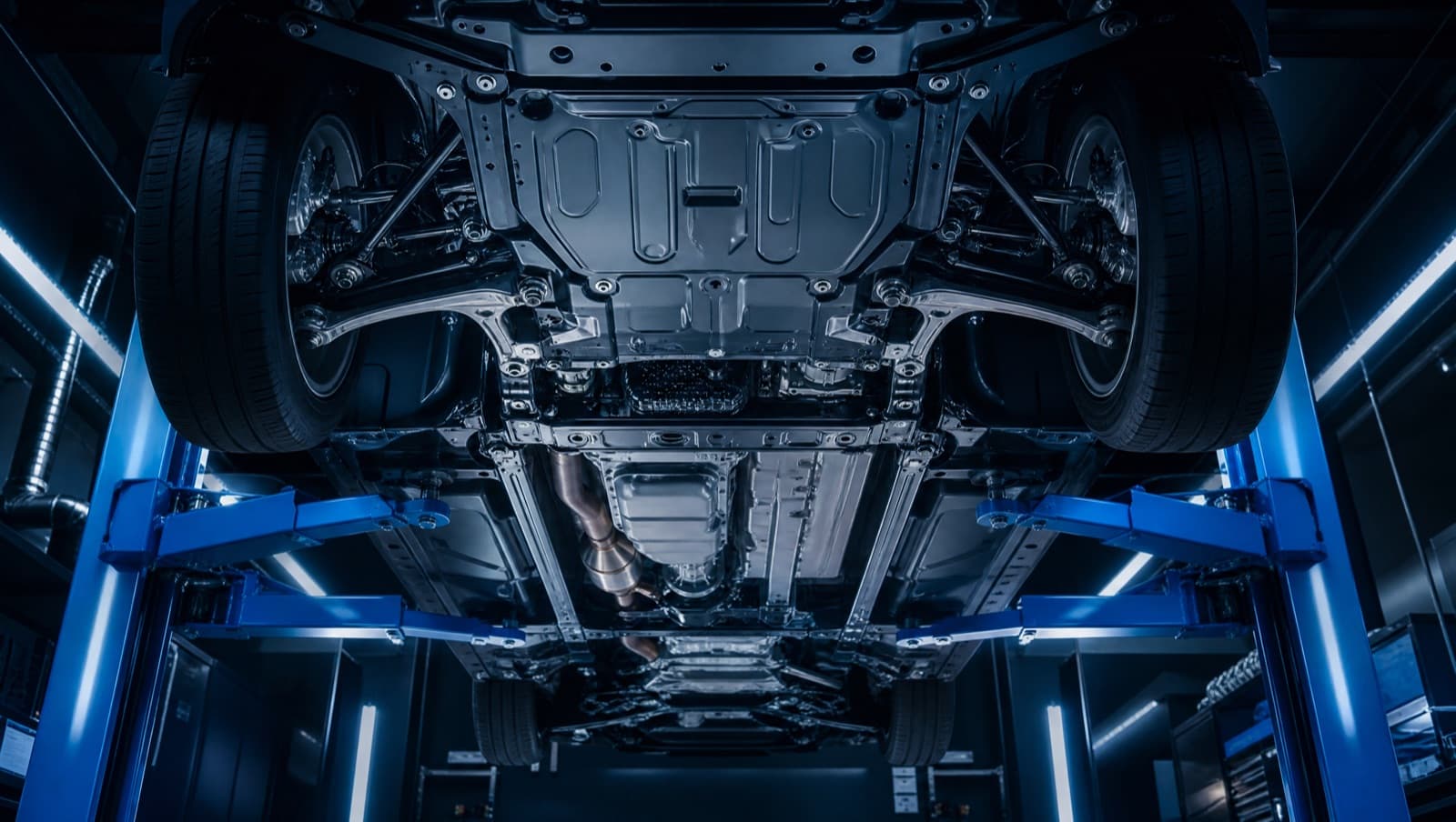 Underside of a car raised on a workshop hoist