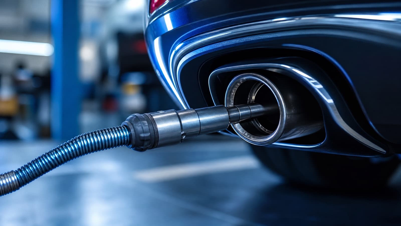 An emissions probe in a car's exhaust tailpipe