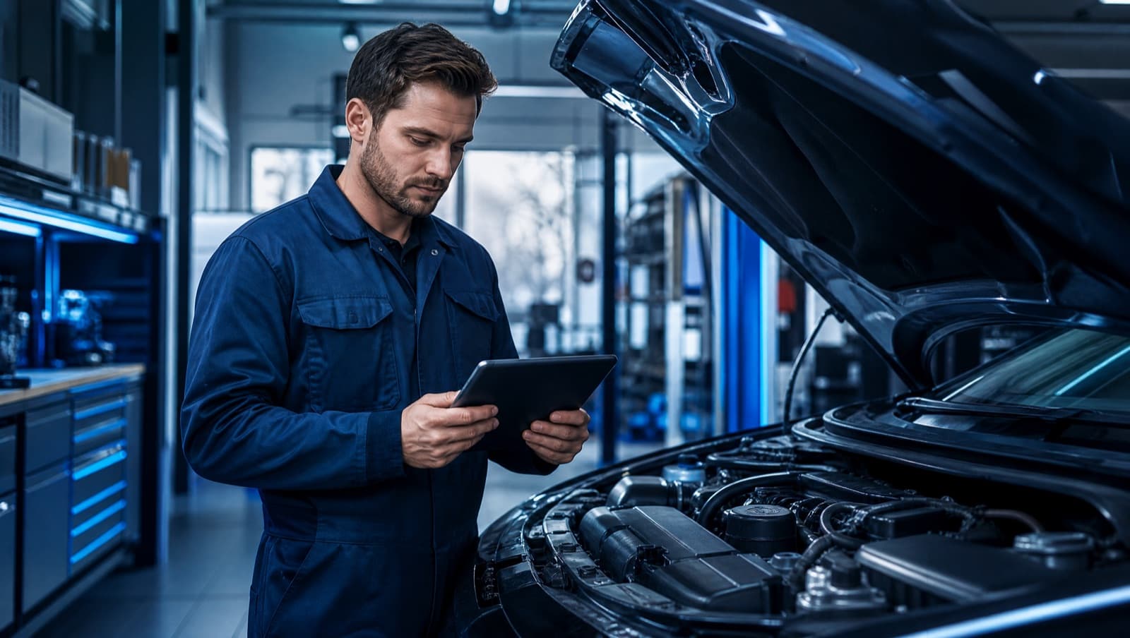 A mechanic using a tablet beside a car