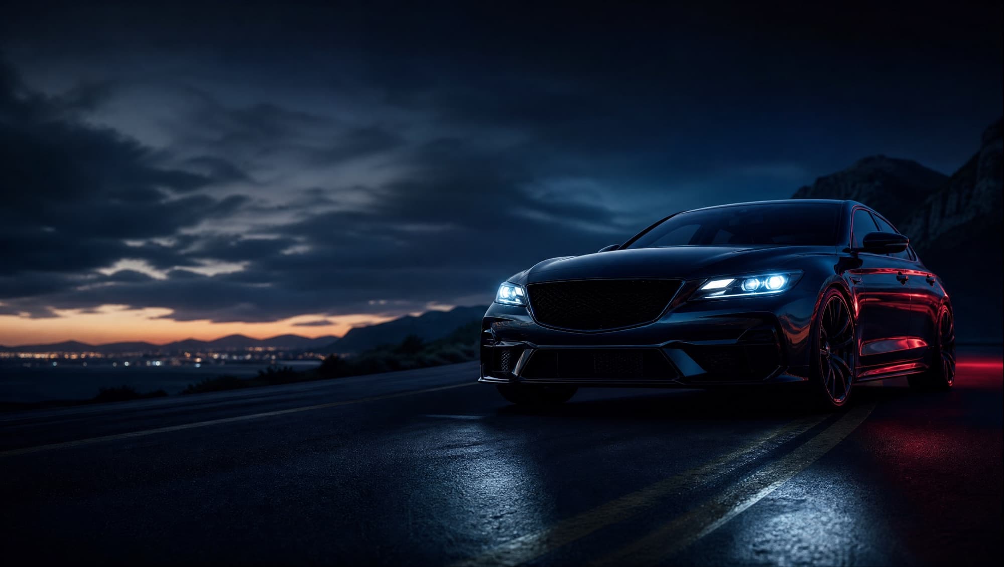 A modern car on the road at dusk