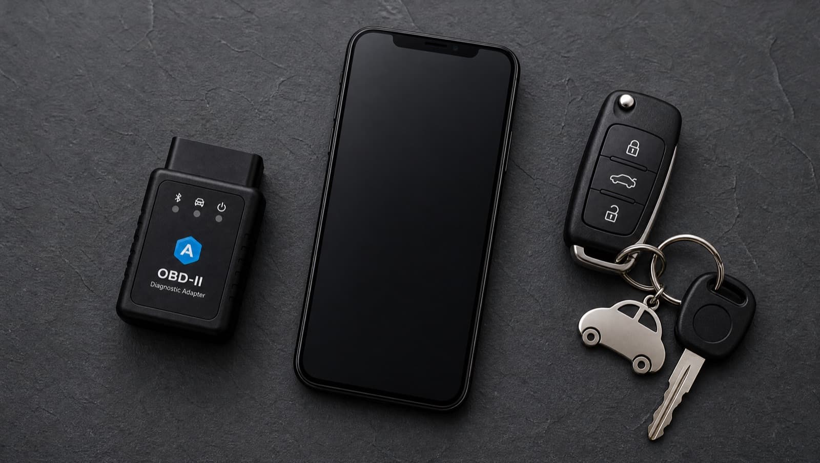 A Bluetooth OBD-II adapter next to an iPhone and car keys