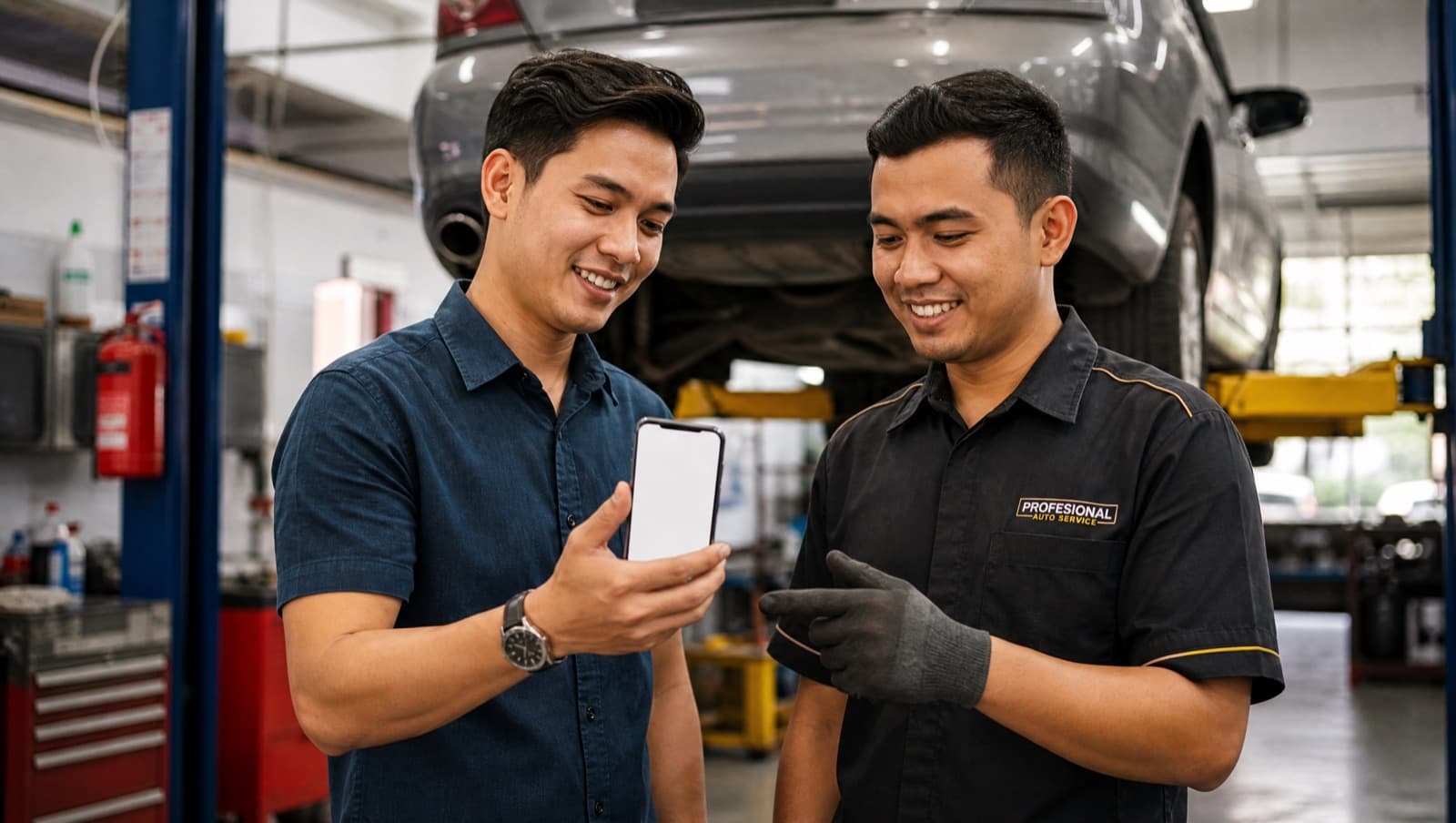 A car owner sharing an AutoMalaya OBD report with a mechanic at a Malaysian workshop